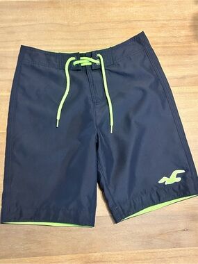 Hollister Board Shorts XS Navy Blue Neon Green Swim Trunks Surf Beach